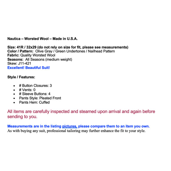 Nautica Mens 41R 32x29 Olive Gray Green Tone Suit Worsted Wool U.S.A. - Picture 2 of 16